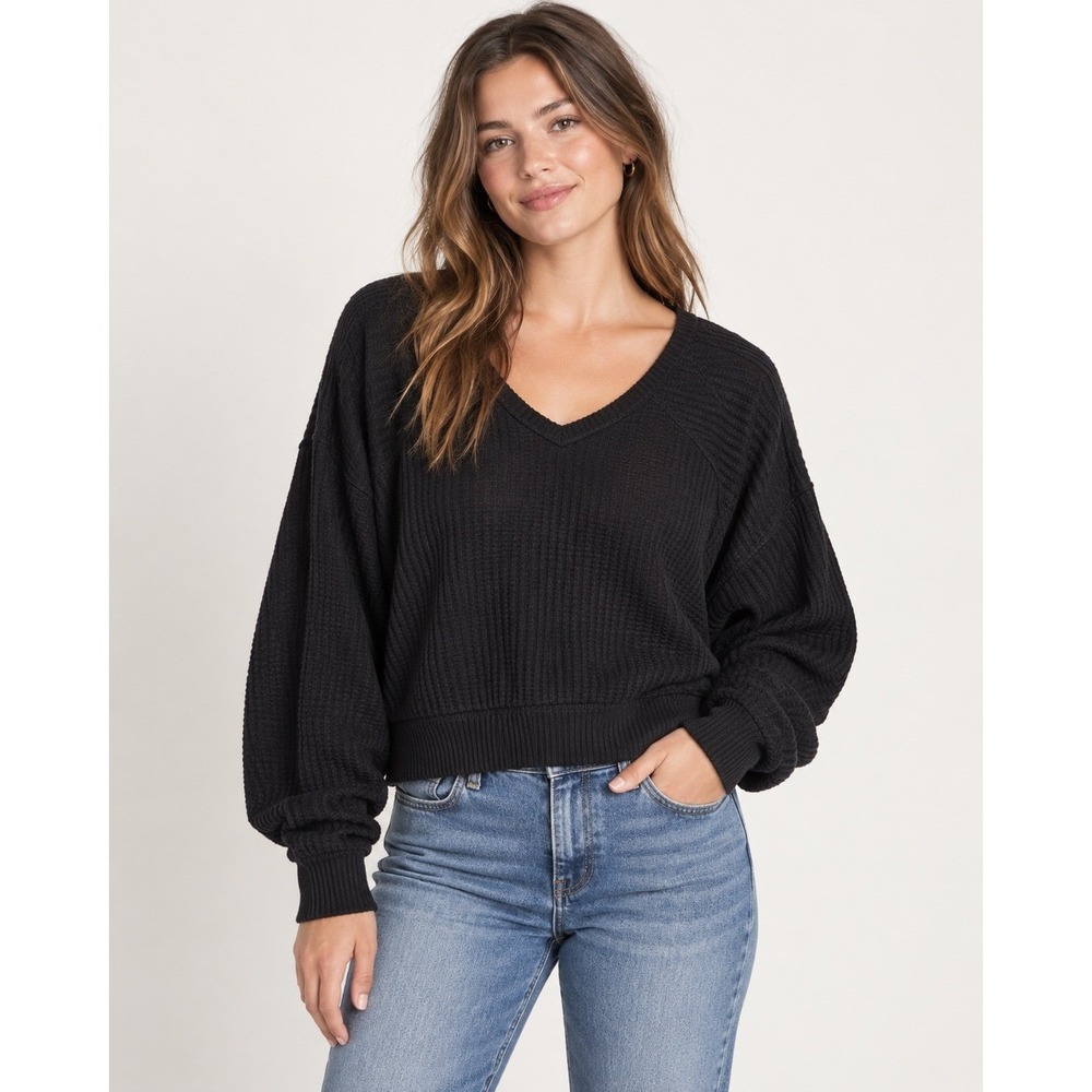 We The Free Free People Black V-Neck Thermal Waffle Knit Top Small OB967840